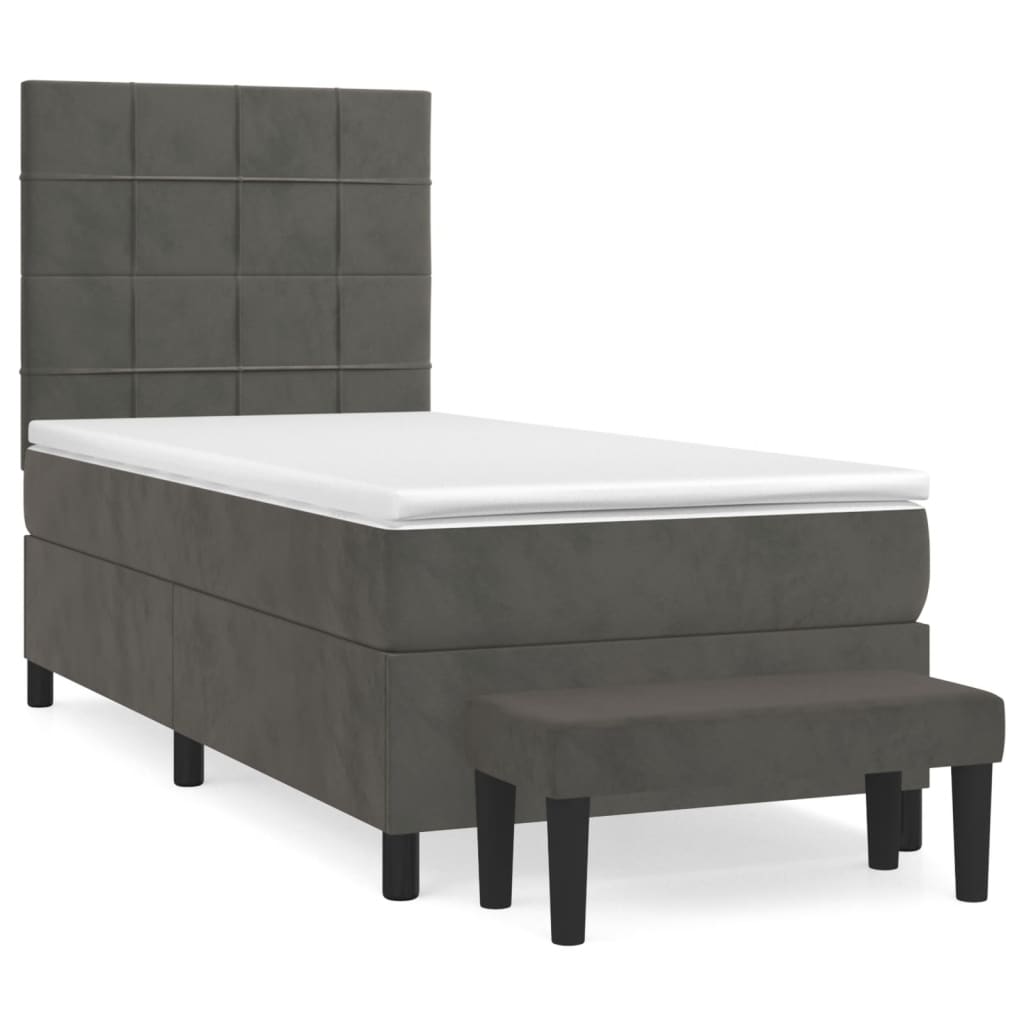 Cama box spring con colchón terciopelo gris oscuro 80x200 cm bloques con cuadros