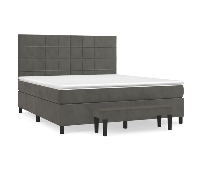 Cama box spring con colchón terciopelo gris oscuro 180x200 cm bloques con cuadros