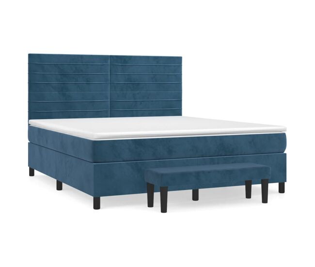 Cama box spring con colchón terciopelo azul oscuro 160x200 cm rayas horizontales