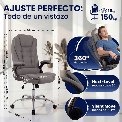 Silla de Oficina Thor de Tela Gris 78X69.5X113 cm