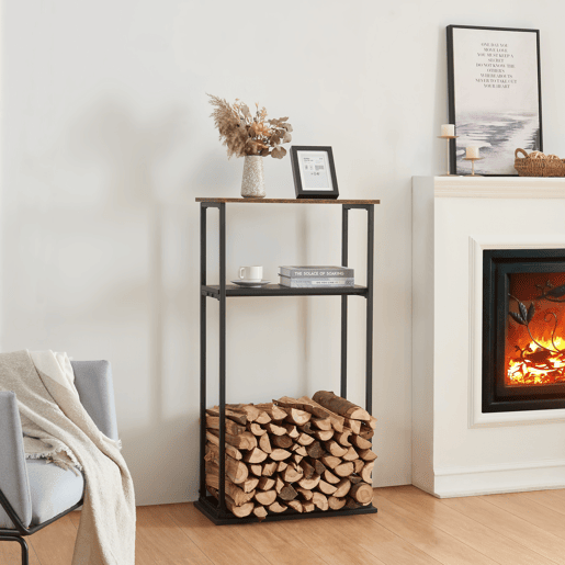 Suporte para lenha Turku com 2 prateleiras em aço e aglomerado 112 x 60 x 30 cm - Preto Efeito madeira escura en.casa