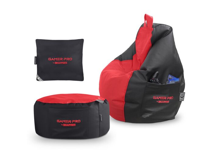Pack gamer rojo: puff gamer pro + reposapies + cojín pack gamer pro happers