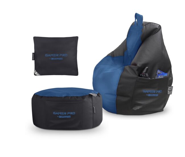 Pack gamer azul: puff gamer pro + reposapies + cojín pack gamer pro happers