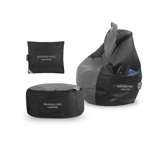 Combo Gamer Cinza: Puff Gamer PRO + Descança-pés + Almofada Pack Gamer PRO HAPPERS