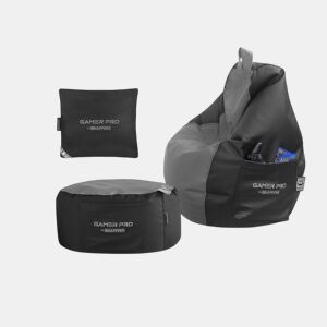 Combo Gamer Cinza: Puff Gamer PRO + Descança-pés + Almofada Pack Gamer PRO HAPPERS