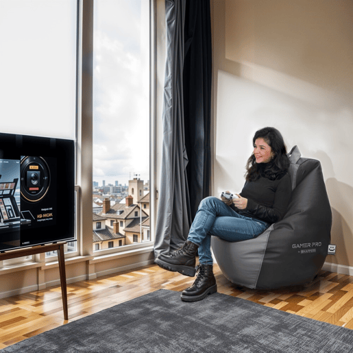 Combo Gamer Cinza: Puff Gamer PRO + Descança-pés + Almofada Pack Gamer PRO HAPPERS