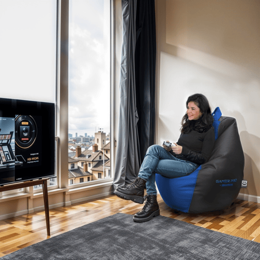 Puff Gamer PRO couro ecológico Azul XXL. Ideal para Jogar com teu Playstation, Xbox, Switch. Único HAPPERS