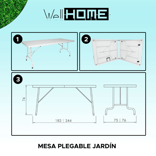Mesa dobrável Tabela 180cm x 75cm x 74cm
