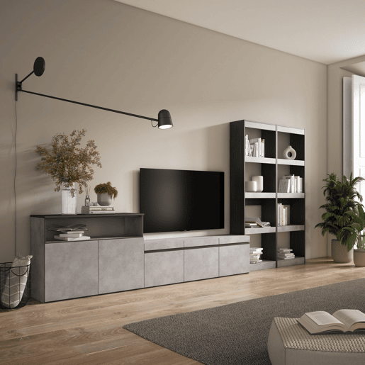 Conjunto de móveis TV, Mobiliário sala de estar, 370x35x186cm, Para televisores até 65, Estante para TV, Estilo moderno, Cimento