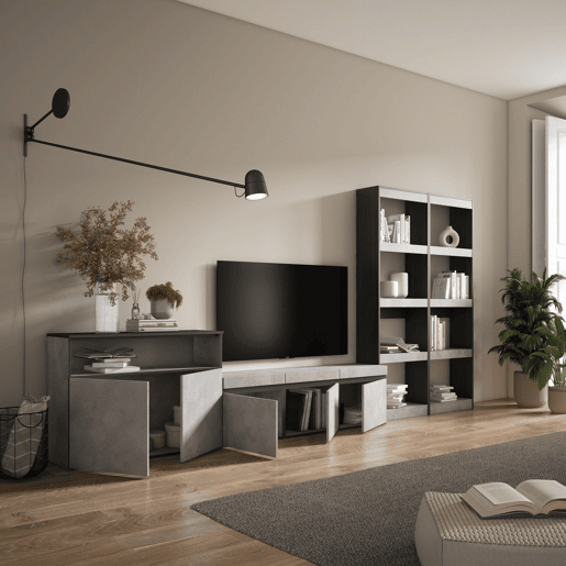 Conjunto de móveis TV, Mobiliário sala de estar, 370x35x186cm, Para televisores até 65, Estante para TV, Estilo moderno, Cimento