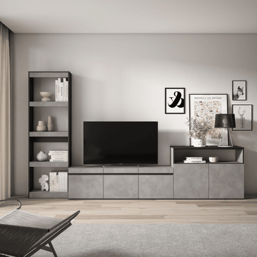 Conjunto de móveis TV, Mobiliário sala de estar, 310x35x186cm, Para televisores até 65, Estante para TV, Estilo moderno, Cimento