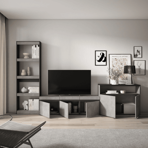Conjunto de móveis TV, Mobiliário sala de estar, 310x35x186cm, Para televisores até 65, Estante para TV, Estilo moderno, Cimento