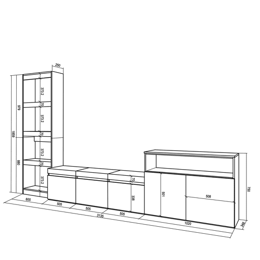 Conjunto de móveis TV, Mobiliário sala de estar, 310x35x186cm, Para televisores até 65, Estante para TV, Estilo moderno, Cimento