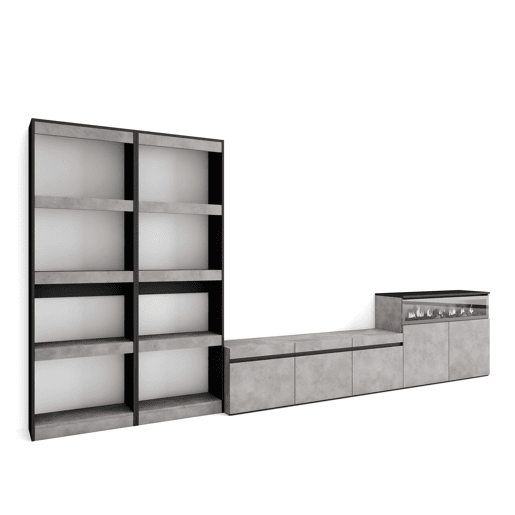 Conjunto de móveis TV, Mobiliário sala de estar, 370x35x186cm, Para televisores até 65, Lareira eléctrica, Estilo moderno, Cimento
