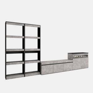 Conjunto de móveis TV, Mobiliário sala de estar, 370x35x186cm, Para televisores até 65, Lareira eléctrica, Estilo moderno, Cimento