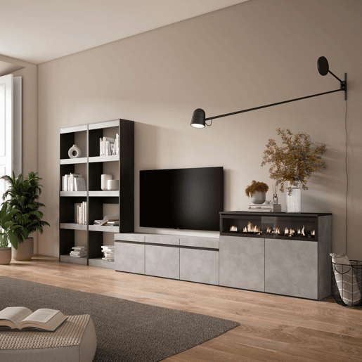 Conjunto de móveis TV, Mobiliário sala de estar, 370x35x186cm, Para televisores até 65, Lareira eléctrica, Estilo moderno, Cimento