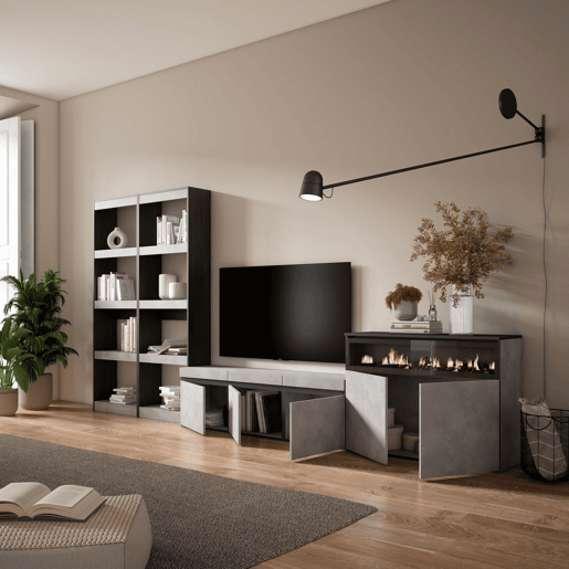 Conjunto de móveis TV, Mobiliário sala de estar, 370x35x186cm, Para televisores até 65, Lareira eléctrica, Estilo moderno, Cimento