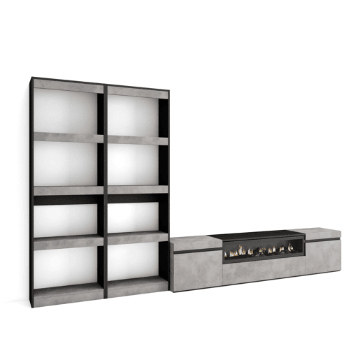 Conjunto de móveis TV, Mobiliário sala de estar, 320x35x186cm, Para televisores até 80, Lareira eléctrica, Estilo moderno, Cimento