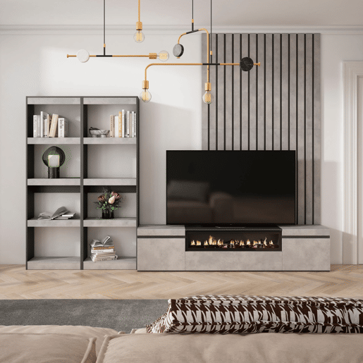 Conjunto de móveis TV, Mobiliário sala de estar, 320x35x186cm, Para televisores até 80, Lareira eléctrica, Estilo moderno, Cimento