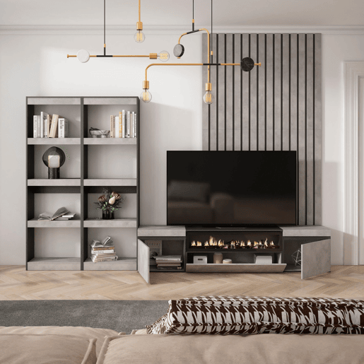 Conjunto de móveis TV, Mobiliário sala de estar, 320x35x186cm, Para televisores até 80, Lareira eléctrica, Estilo moderno, Cimento