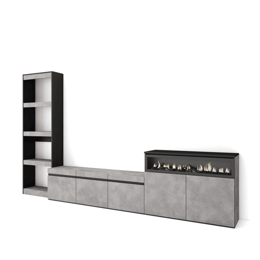 Conjunto de móveis TV, Mobiliário sala de estar, 310x35x186cm, Para televisores até 65, Lareira eléctrica, Estilo moderno, Cimento