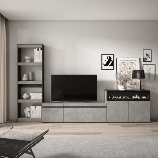 Conjunto de móveis TV, Mobiliário sala de estar, 310x35x186cm, Para televisores até 65, Lareira eléctrica, Estilo moderno, Cimento