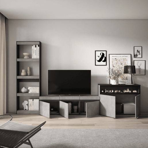 Conjunto de móveis TV, Mobiliário sala de estar, 310x35x186cm, Para televisores até 65, Lareira eléctrica, Estilo moderno, Cimento