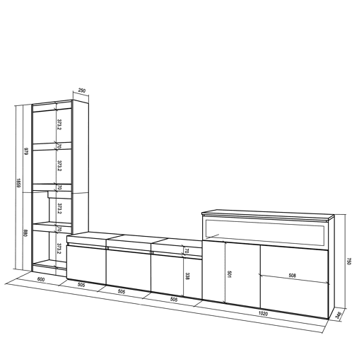 Conjunto de móveis TV, Mobiliário sala de estar, 310x35x186cm, Para televisores até 65, Lareira eléctrica, Estilo moderno, Cimento
