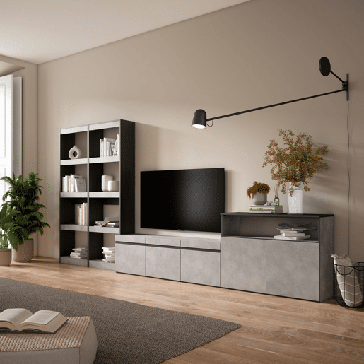 Conjunto de móveis TV, Mobiliário sala de estar, 370x35x186cm, Para televisores até 65, Estante para TV, Estilo moderno, Cimento