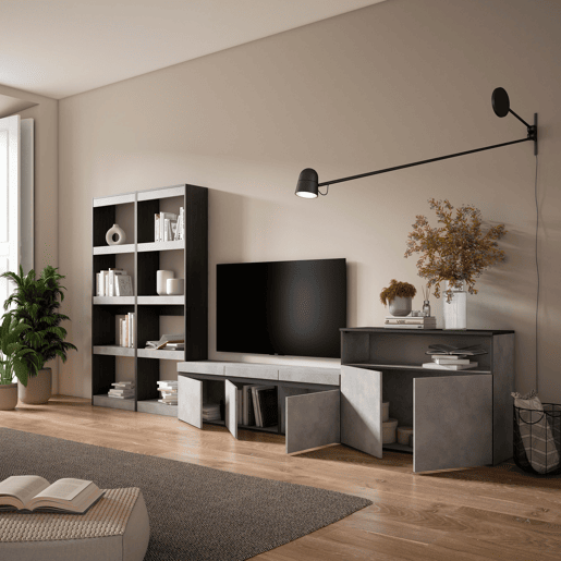 Conjunto de móveis TV, Mobiliário sala de estar, 370x35x186cm, Para televisores até 65, Estante para TV, Estilo moderno, Cimento