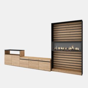 Conjunto de móveis TV, Mobiliário sala de estar, 360x35x186cm, Para televisores até 65, Lareira eléctrica XXL, Estilo moderno, Carvalho e preto