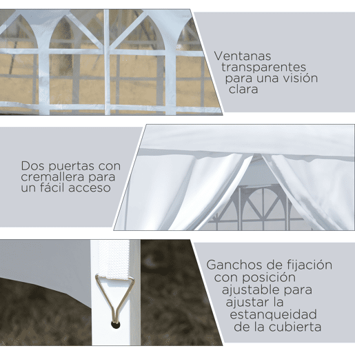 Outsunny Tenda de Jardim com Paredes Laterais Amovíveis Janelas Porta com Zíper e Bolsa de Transporte 295x295x196-258 cm Branco