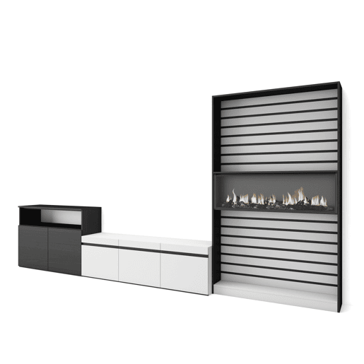 Conjunto de móveis TV, Mobiliário sala de estar, 360x35x186cm, Para televisores até 65, Lareira eléctrica XXL, Estilo moderno, Branco e preto