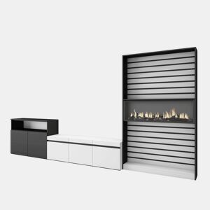 Conjunto de móveis TV, Mobiliário sala de estar, 360x35x186cm, Para televisores até 65, Lareira eléctrica XXL, Estilo moderno, Branco e preto