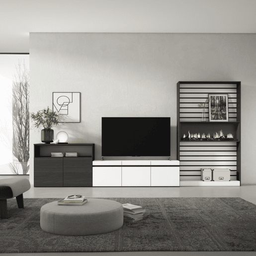 Conjunto de móveis TV, Mobiliário sala de estar, 360x35x186cm, Para televisores até 65, Lareira eléctrica XXL, Estilo moderno, Branco e preto