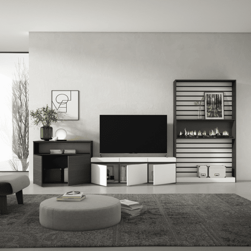 Conjunto de móveis TV, Mobiliário sala de estar, 360x35x186cm, Para televisores até 65, Lareira eléctrica XXL, Estilo moderno, Branco e preto