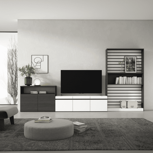 Conjunto de móveis TV, Mobiliário sala de estar, 360x35x186cm, Para televisores até 65, Estante para TV, Estilo moderno, Branco e preto