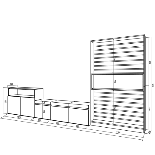 Conjunto de móveis TV, Mobiliário sala de estar, 360x35x186cm, Para televisores até 65, Estante para TV, Estilo moderno, Branco e preto
