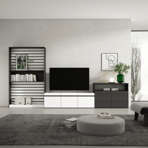 Conjunto de móveis TV, Mobiliário sala de estar, 360x35x186cm, Para televisores até 65, Estante para TV, Estilo moderno, Branco e preto