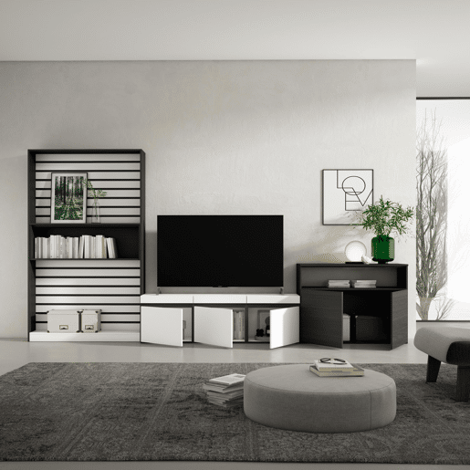 Conjunto de móveis TV, Mobiliário sala de estar, 360x35x186cm, Para televisores até 65, Estante para TV, Estilo moderno, Branco e preto