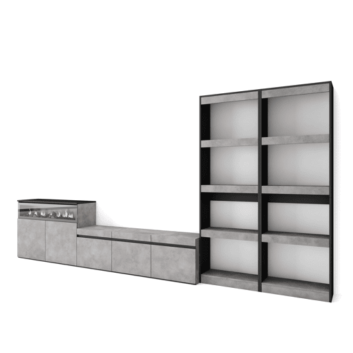 Conjunto de móveis TV, Mobiliário sala de estar, 370x35x186cm, Para televisores até 65, Lareira eléctrica, Estilo moderno, Cimento