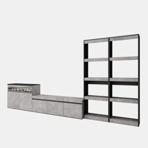 Conjunto de móveis TV, Mobiliário sala de estar, 370x35x186cm, Para televisores até 65, Lareira eléctrica, Estilo moderno, Cimento