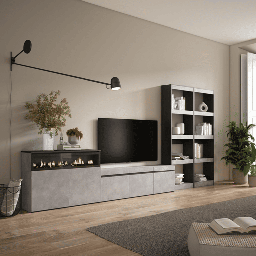 Conjunto de móveis TV, Mobiliário sala de estar, 370x35x186cm, Para televisores até 65, Lareira eléctrica, Estilo moderno, Cimento