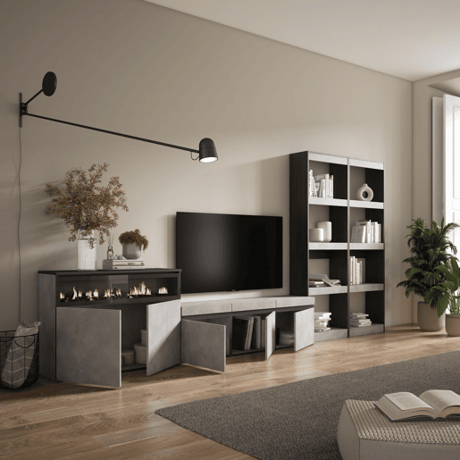 Conjunto de móveis TV, Mobiliário sala de estar, 370x35x186cm, Para televisores até 65, Lareira eléctrica, Estilo moderno, Cimento