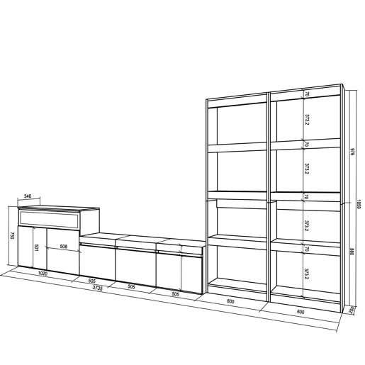 Conjunto de móveis TV, Mobiliário sala de estar, 370x35x186cm, Para televisores até 65, Lareira eléctrica, Estilo moderno, Cimento