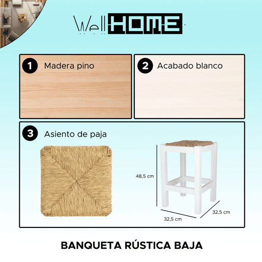 Banco baixo rústico, de madeira, acabamento branco, 32,5x32,5x32,5x48,5 cm