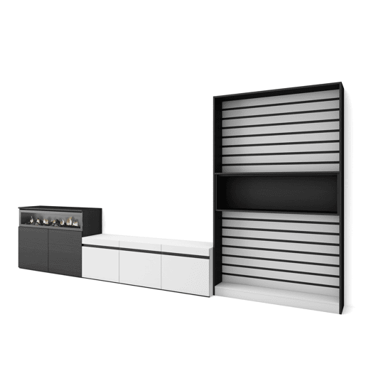 Conjunto de móveis TV, Mobiliário sala de estar, 360x35x186cm, Para televisores até 65, Lareira eléctrica, Estilo moderno, Branco e preto