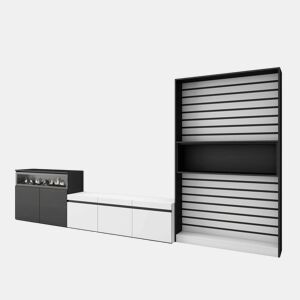 Conjunto de móveis TV, Mobiliário sala de estar, 360x35x186cm, Para televisores até 65, Lareira eléctrica, Estilo moderno, Branco e preto