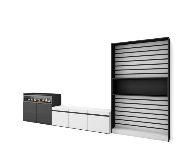 Muebles de salón para tv, conjunto de muebles comedor, 360x35x186cm, para tv hasta 65", chimenea eléctrica, estilo moderno, blanco y negro