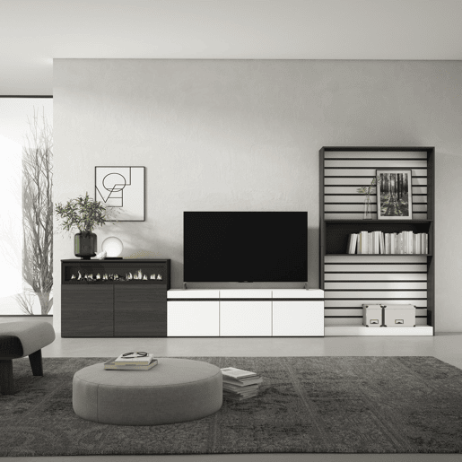 Conjunto de móveis TV, Mobiliário sala de estar, 360x35x186cm, Para televisores até 65, Lareira eléctrica, Estilo moderno, Branco e preto